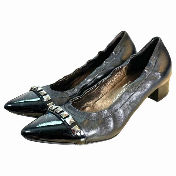 AGL Black Leather Chunky Heel Studded Pointed Cap Toe Heels Size 37.5 (US 7) - Picture 1 of 9